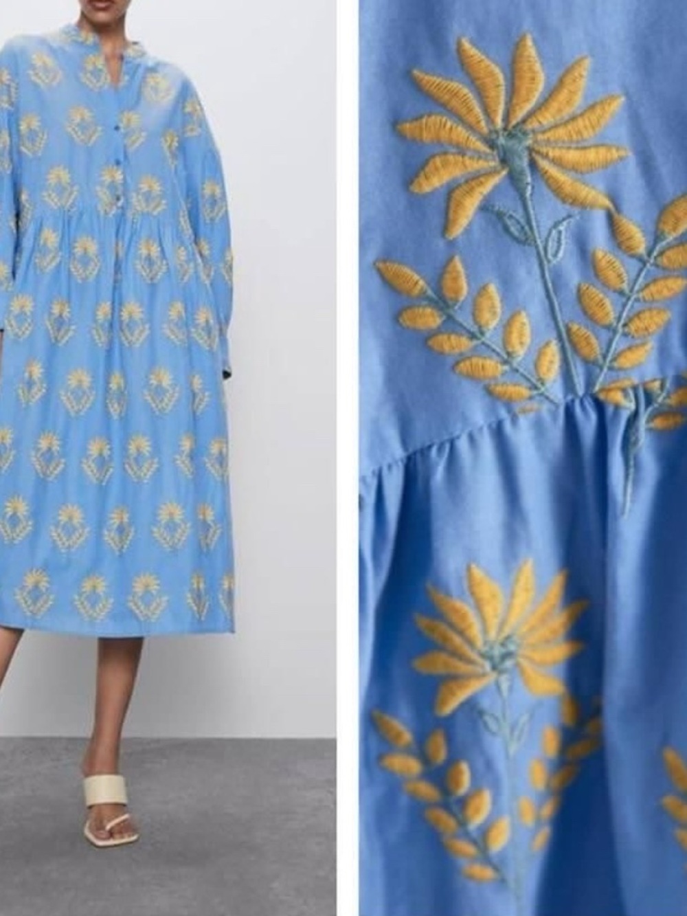 Zara Light Blue Embroidered Floral Midi Dress